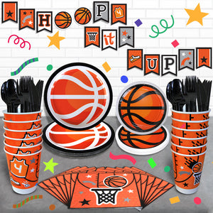 Basketball Party Supplies Set І Total 100 Pcs, For 12 Guests І Thick Plates(Big & Small) І Tall  double-layer Cups І Thick Napkins І Safe Cutlery І Coated Table cover and Banners